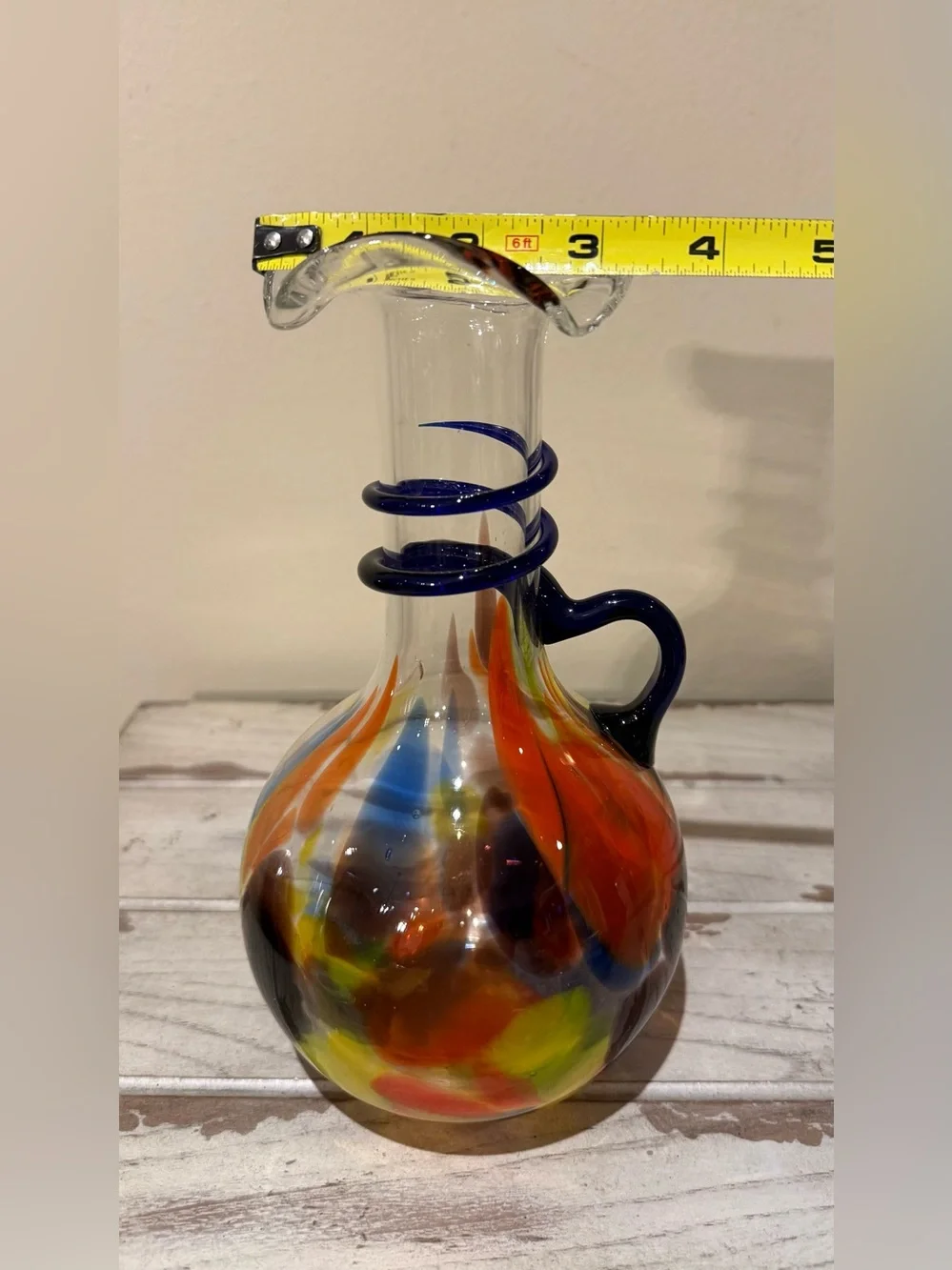 Vtg Hand Blown Art Glass Pitcher Ruffled Neck Spout Spiral Handle End Of Day